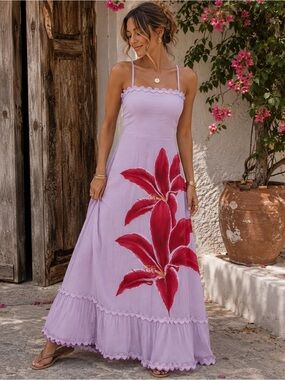 Lilac Maxi Dress with Red Lily Accent
